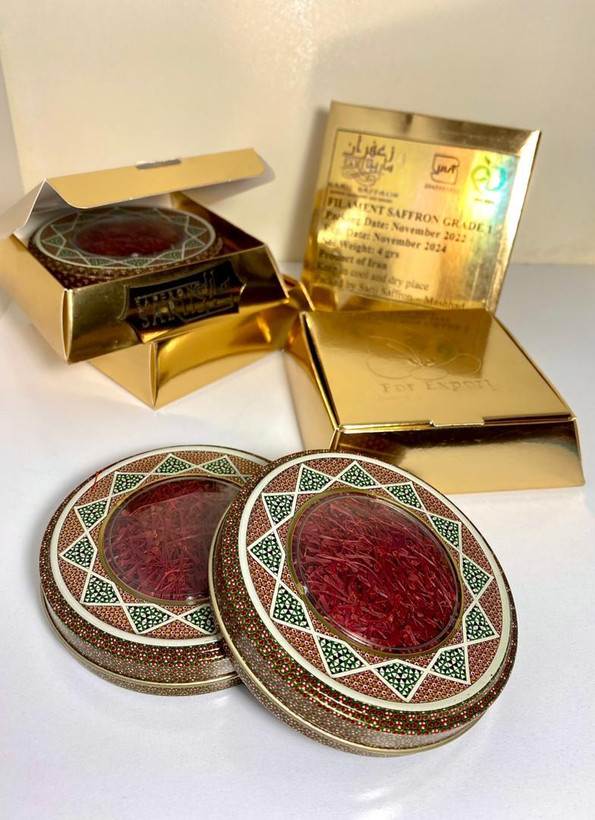 خرید زعفران نگین صادراتی خاتم از زافارونه، بستهبندی لوکس با گواهینامههای بینالمللی