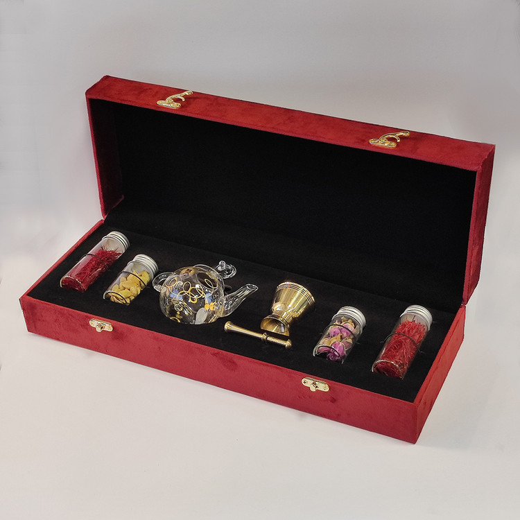 جعبه هدیه لاکچری زعفران نگین همراه با هل، گل محمدی، قوری و هاون – زافارونه فروشگاه تخصصی زعفران صادراتی